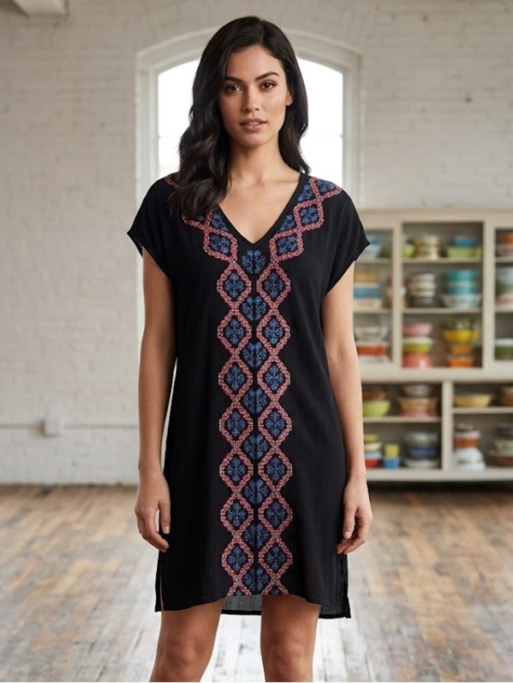 Sundance Midnight Medallion Embroidered Tunic Dress - Size Small